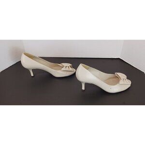 Naturalizer Women's Shoes 8.5 M Bow Pumps Beige Slip-On Peep Toe Leather Upper